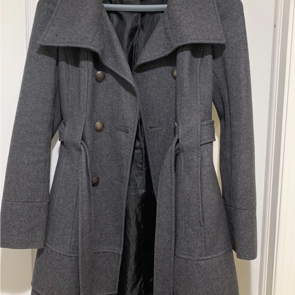 New York & Company Stylish Charcoal Double-Breasted Wool Blend Coat Size M